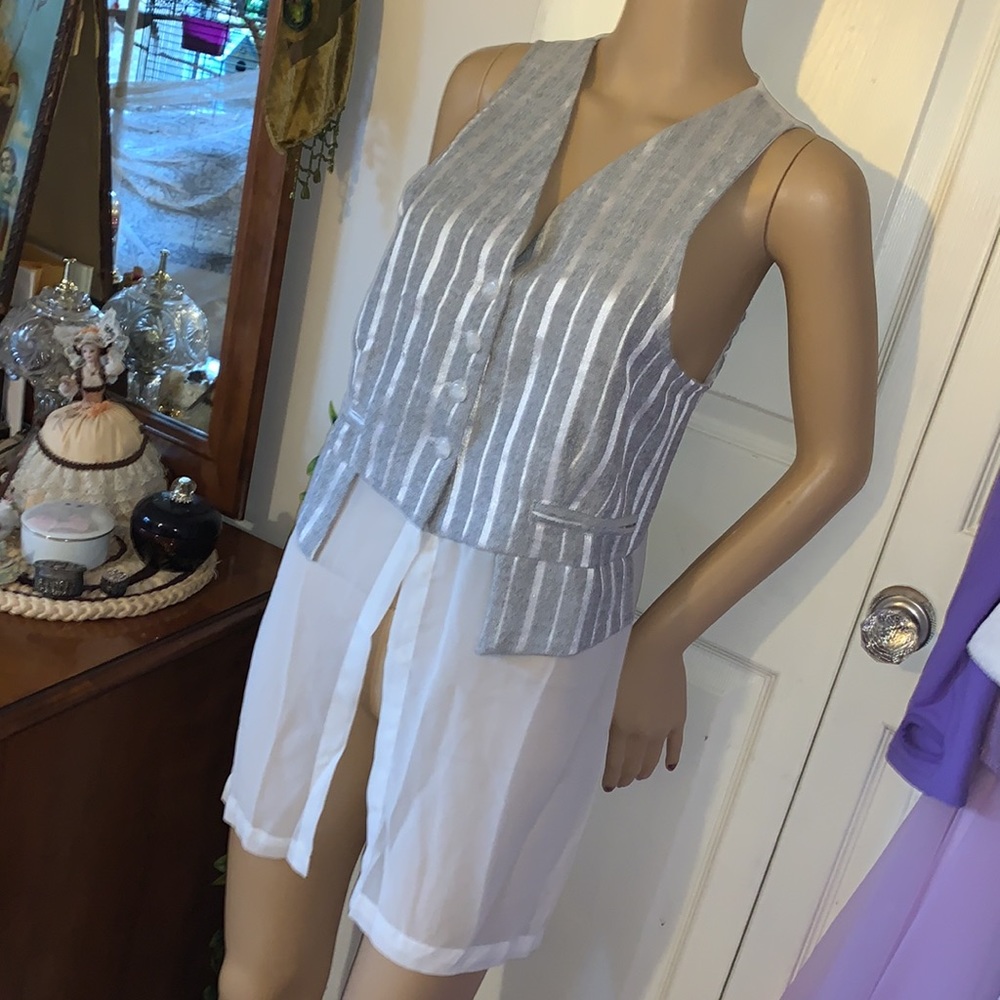Vtg 90s y2k sleeveless grey white stripe sheer chiffon vest tunic top M